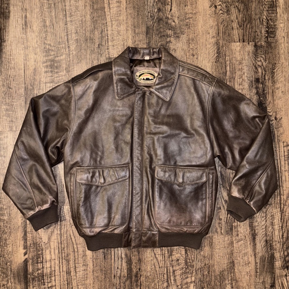 Vintage Orvis Fly Fishing Schools Leather Jacket Mens Large Brown Lined Full Zip - Picture 3 of 15